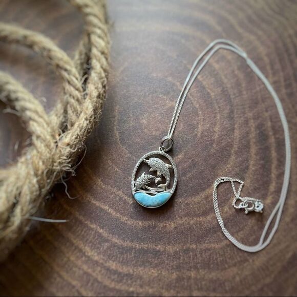 Natural Larimar CZ Dolphin 18k Plated Sterling Silver Necklace - Picture 1 of 8